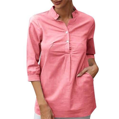 Générique Chemise Femme Manches 3/4 Col Montant, Haut Léger en Mélange Coton-Lin Unie, Blouse Enfilade Décontractée