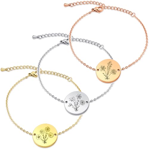 Anavia -Build Your Own Bouquet- Birthmonth Flower Bracelet, Personalized Handmade Floral Charm Bracelet, Customized Round Disc Birthday Gifts Love Jewelry for Her Mom Family Friends
