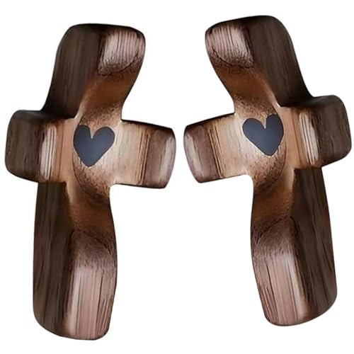 LiJuanWang Carved Wooden Cross, Pack of 2 Cross Crucifix Small, Worry Stone Wooden Cross with Hearts, Portable Prayer Cross Gift Items, Hand Carved Love Cross for Devotional Prayers, 51 x 25 mm
