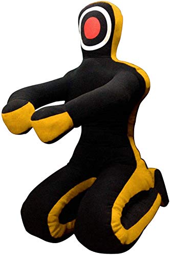 MMA Dummy Judo Punching UNFILLED Bag - Sitting Position Hands On Front Grappling Dummy (Black and Yellow Canvas, 70")