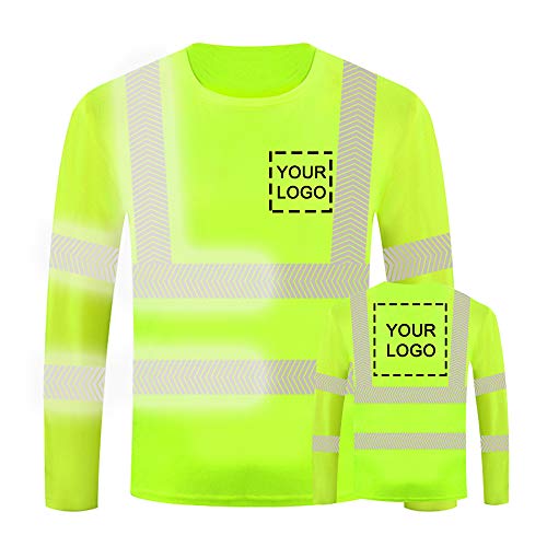 YOWESHOP High Visibility Reflective Safety Shirts Customize Logo with Reflective Strips Hi Vis Quick Dry Long Sleeve T-Shirts (L, Neon Green - Style 8)