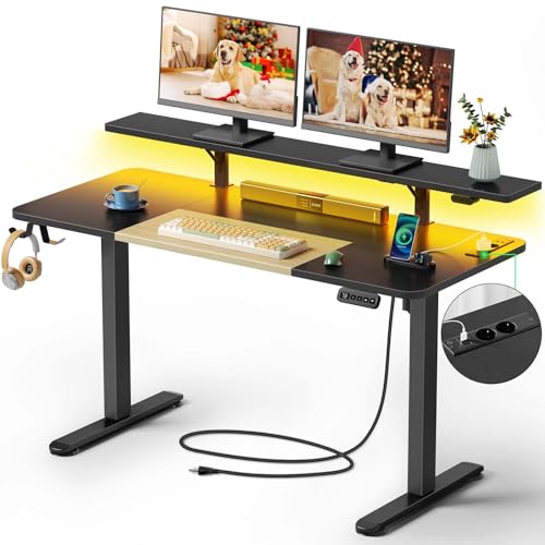 Rolanstar Höhenverstellbarer Schreibtisch, 140x60 cm Schreibtisch Höhenverstellbar mit LED & Steckdosen, Ergonomischer Gaming Tisch für Homeoffice, Büro