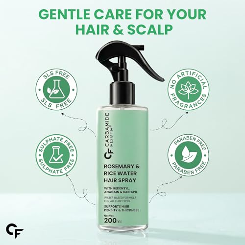 Image of Carbamide Forte Rosemary Hair Spray with Rice Water | Rosemary Water Spray for Hair Growth with Redensyl, Anagain & Baicapil | Supports Hair Density & Thickness | Water Based Formula for All Hair Types - 200 ml