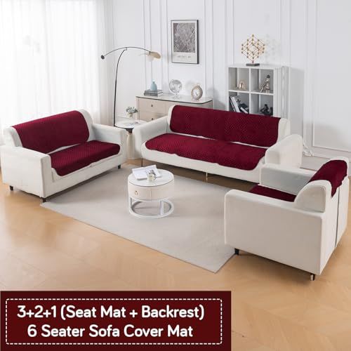 Image of HOKIPO Quilted Sofa Cover 6 Seater Set - Washable 3+2+1 Sofa Panel for Seat & Back | 'Quilt Classic' Maroon (IN-927+926+925 * 2-MRN)