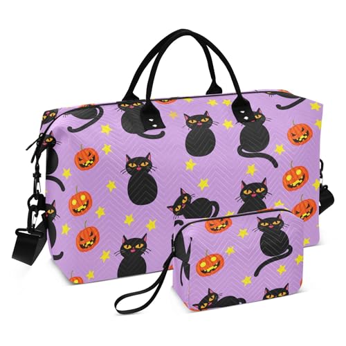 Burbuja Travel Duffel Bag for Women, Pumpkins Black Cats Weekender Overnight Bag Shoulder Carry On Tote with Trolley Sleeve, Gym & Toiletry, Large Size