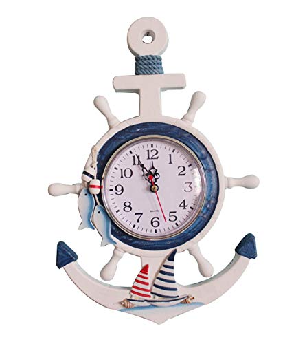 YOAI Wanduhr Kinder Badezimmer Uhr Holz Maritime Bad Deko mit Steuerrad Anker Fischnetz Shabby Wanddeko für Wohnzimmer Schlafzimmer Kinderzimmer (Type-2) Cover