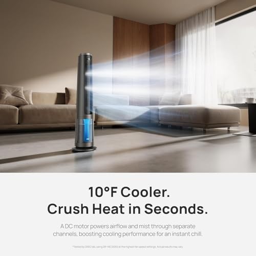 Image of DREO TurboCool Misting Fan 765S, 10F Cooling, 34ft /s Fast Standing Fan, Tower Fans that Blow Cold Air, 20 dB Quiet DC Motor, 6L Tank, 90 Smart Oscillating Fan with 12 Speeds, 4 Modes for Home, Grey