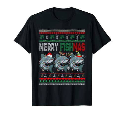 Frohe Weihnachten Fisch Pullover Drei Santa Rentier Elf Welse T-Shirt