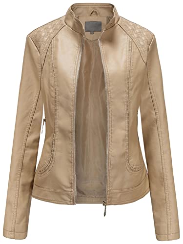 Womens Faux Leather Jackets, Long Sleeve Zipper Slim Motorcycle Jacket, Casual Open Front PU Coat Outwear (Color : Gold, Size : Large)