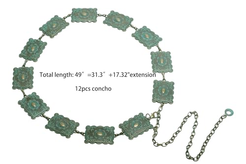 Teal Concho Western-Belts for Women Vintage Boho Turquoise Cowgirl Chain Belt for Dresses Jeans Country Concert Outfits4
