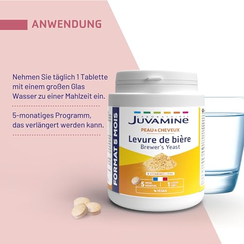 JUVAMINE - Bierhefe - Schöne Haut, Haare und Nägel - Vitalität - Vitamine B1, B2, B3, B5, B6, B8, B9 und B12 + Zink - 5-monatiges Programm - Optimierte Formel