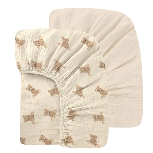 Image of Premium Soft Cotton 2 Pack 52x28 Inches Muslin Crib Sheets Fitted Crib Mattress Sheet for Baby Girls & Boys, Soft Boho Neutral Toddler Bed Sheets Fits Well Standard Size Crib Mattress 28x52 Inches