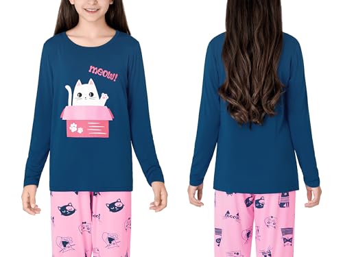 Tebbis Cute Cat Pajamas for Girls Modal Fiber Long Sleeve & Pants Pj Set Tween Size 6-182