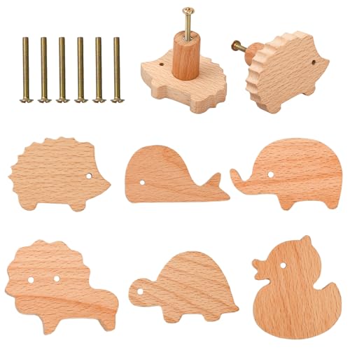 Ehuihuan 6 pomos de madera para muebles en forma de animal, pomos para muebles con tornillos, tiradores de madera decorativos, con forma de animal, pomos de muebles para niños, tiradores de cajones