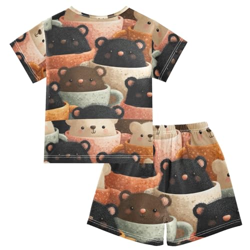 Pajama Short Sets Cute Bears in Cups Soft Cotton Summer Sleepwear 2 Piece PJS Size 5-14T2