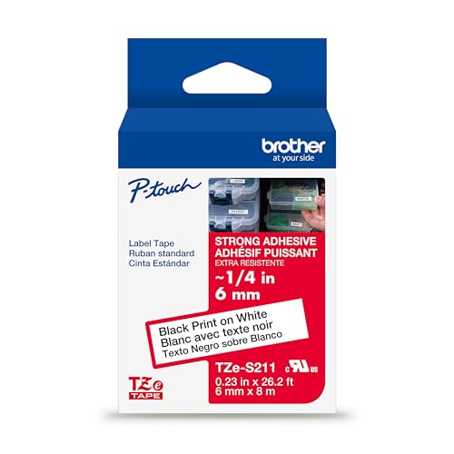 Brother Genuine P-Touch TZe Black Print on White Label Tape (TZeS211), Strong Adhesive Laminated,1/4in x 26.2ft (6mm x 8m), for Select P-Touch Label Makers, Water-Resistant, Extra Strength