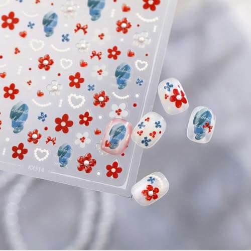 Image of Red Flower Nail Stickers Decals Pearl Heart Design Nail Decals for Nail Art