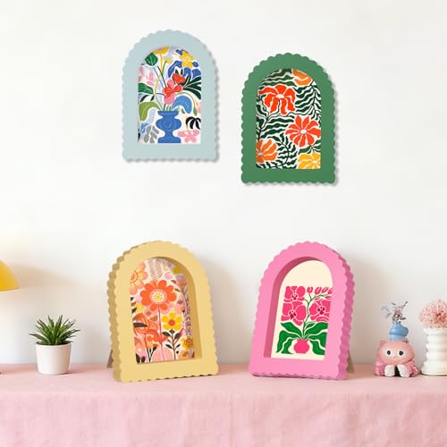 Image of Rainmae 4 Pack Colorful Scalloped Picture Frames 4 x 6 Inch Cute Arched Picture Frames for Desktop Display Photo Frame Wood Home Decor Wedding Graduation Gifts(Pink, Green, Yellow, Blue)