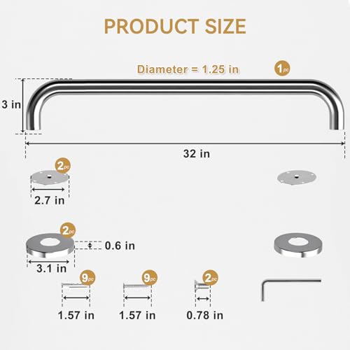 Image of AmazerBath Long Grab Bars for Bathtubs and Showers Anti Slip, 32 inch L x 1.25 inch D, Handicap Grab Bars Stainless Steel, Shower Grab Bars for Seniors, Bathtub Handle Bars for Bathroom Holds 500LBS