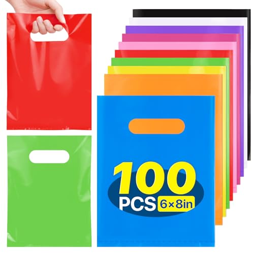 ANZNKU 100 Pcs Multicolor Party Favor Goodie Small Gift Bags with Handle for Candy Treat Sample Snack Craft Plastic Gift Pouch Bulk for Kids Birthday Party School Events & Small Business(5.9x7.9 in)