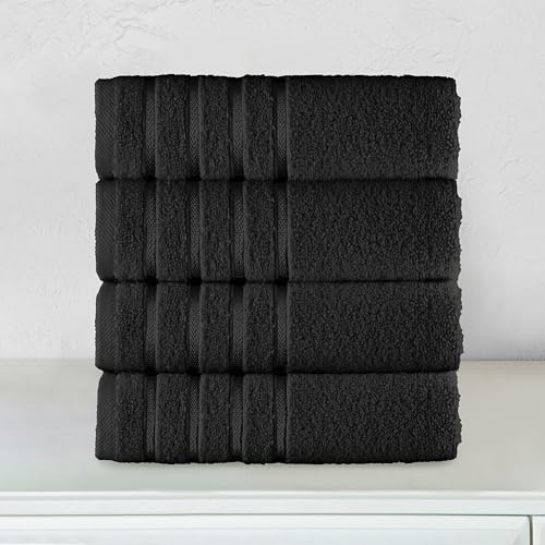 Image of Elegant Comfort 100% Turkish Cotton 4 Lines Viscose Stripe Luxury 4 Pack Hand Towel Set - Ultra Absorbent and Soft 16 x 28 Inch Premium Hotel Spa Quality Towels for Everyday Bath Use, Black
