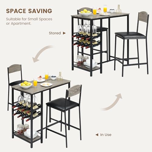 ELETHEBIA Bar Table Set for 2 with Footrest, Kitchen Dining Table with 2 Upholstered Chairs, Small Space Counter Height Barstools for Counter Bar, Sturdy and Durable, Easy to Assemble, Gray