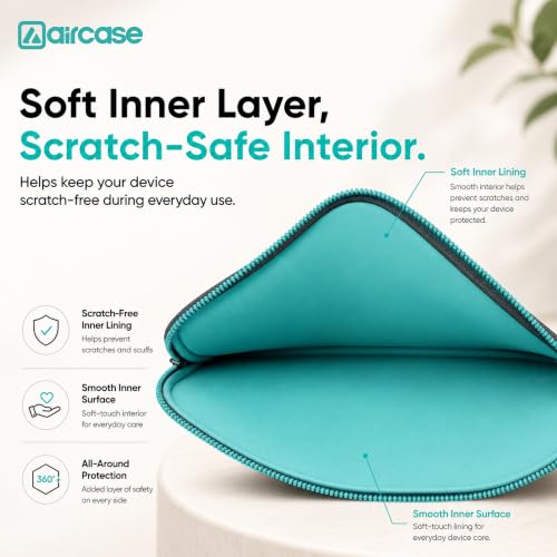 Image of AirCase 4-Layer Neoprene Laptop Sleeve for 13.5-14.1 Inch Laptops | Slim Wrinkle-Free Case | Water-Resistant, Shockproof, Scratch-Proof | TSA Friendly | YKK Zipper | Black-Green