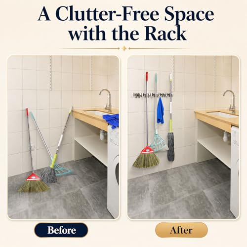 Image of voze 5 Racks and 4 Hooks Mop and Broom Holder Wall Mount, Self Adhesive Heavy Duty Broom Hanger Organizer Storage Tool Racks for Kitchen Garden Laundry Garage (Pack of 2)