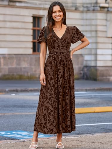 Image of Simplee Women's Velvet Maxi Dress V Neck Short Sleeve Empire Waist Semi Formal Long Cocktail Dresses