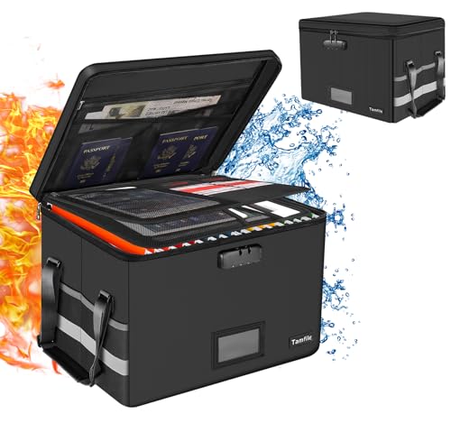 Tamfile Feuerfeste Dokumentenbox, Wasserfeste Akten Organizer Box, Zusammenklappbare Dokumenten-Aufbewahrungsbox mit Griffen, Tragbare Aktenbox zum Aufhängen von Briefen/Rechtsordnern, Schwarz