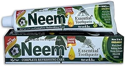 Essential Palace Neem Toothpaste 5 in 1 Formula - 100% Fluoride Free & Vegetable Base Gluten, Prevent Cavity - Refreshing with Neem Extract, Black Seed, Baking Soda, Mint Oil, and Clove - 6 Pack