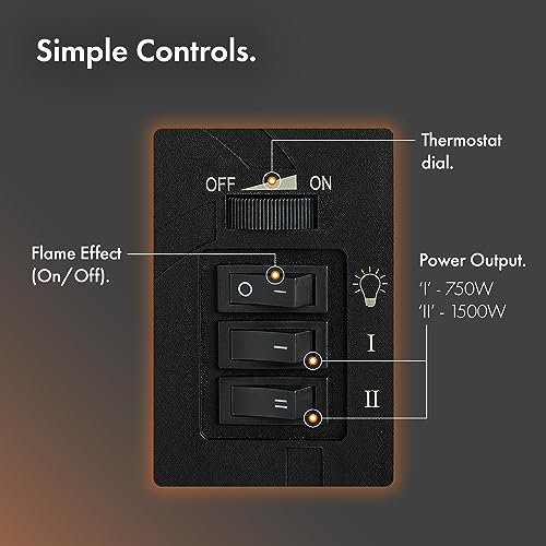 VonHaus Electric Stove Heater 1500W – Electric Fireplace – Indoor Log/Wood Burner Effect, Freestanding Fire, Portable, LED Flame, 2 Heat Settings, Adjustable Thermostat, Black – H45 x W41 x D24cm - 5