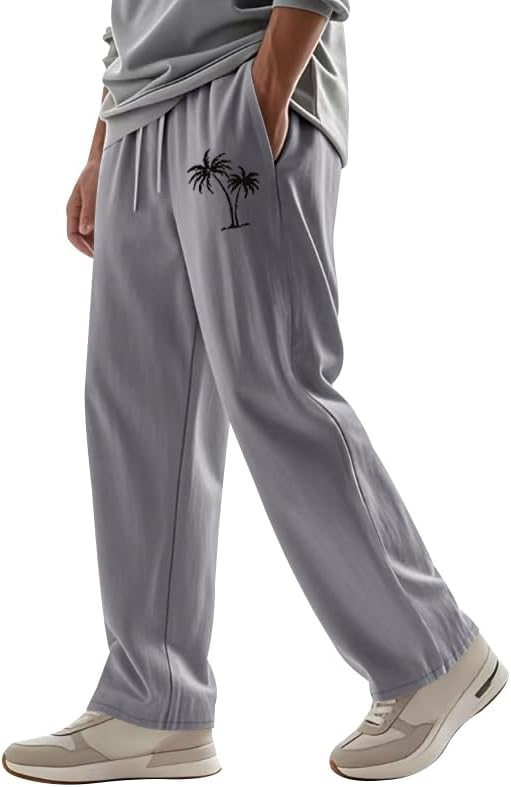Mens Casual Linen Pants Loose Fit Elastic Waist Drawstring Trousers Summer Beach Pants with Pockets - Image 2