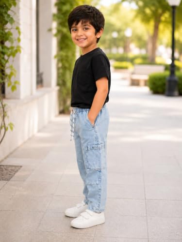 Image of DENRO Kids Boys 100% Cotton Denim Cargo Jeans | Straight Fit Mid-Rise Casual Pants | Elastic Waist Pull-On Jeans with Drawstring & 5 Pockets | Blue