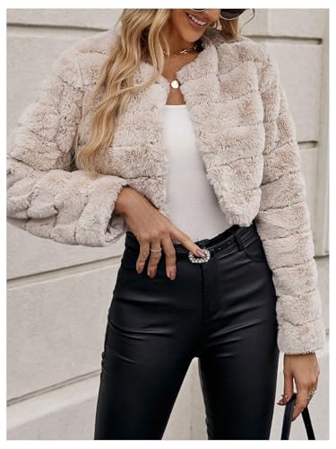 Verdusa Women's Faux Fur Cropped Jacket Solid Open Front Long Sleeve Outerwear Flannel Fuzzy Crop Coat4