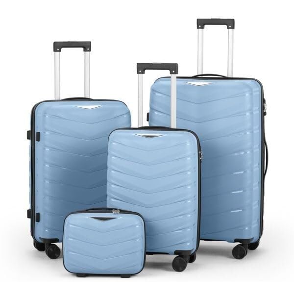 V-Shaped Stripes 4-Piece Luggage Set - Sky Blue PP Trolley Cases for Effortless Travel