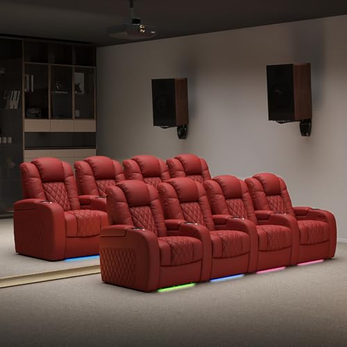 Image of Weilianda Home Theater Seating, Top Grain Leather Movie Theater Chair | Red Row of 5, Zero Gravity, Power Headrest, Tray Table, Electric Reclining Seat for Media Room