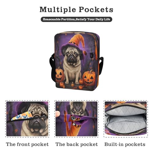Crossbody Bag Pug Dog Halloween Pumpkin Messenger Bag for Women Men Purse Shoulder Bag Satchel Bag with Adjustable Strap 202a10752