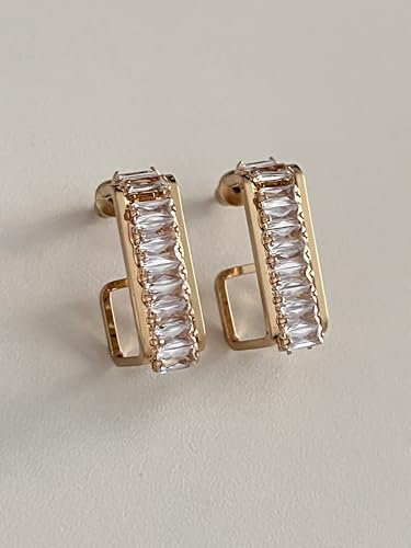 pigna aksesuar Kristal Taşlı Altın Kaplama Dikdörtgen çelik Küpe, Uzun Çubuk Tasarım, Zarif Kadın Takı - Görsel 3