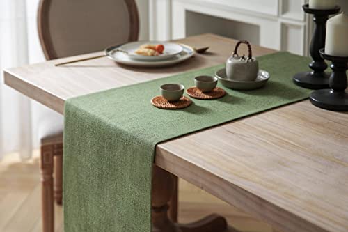 Image of ZeeMart Burlap Style Farmhouse Table Runner, 14x72 Inches Grass Green | Thick Durable Fabric, Mitered Corner Design, Rustic Woven Dining Table Runner, Machine Washable Everyday Table Scarf