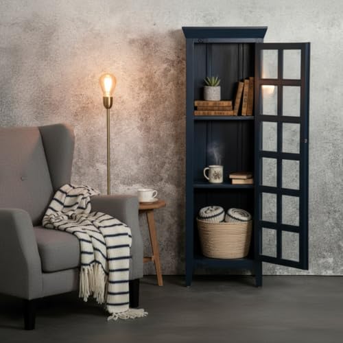Image of APRODZ Mango Wood Crockery Cabinet with Glass Door | Wooden Kitchen Storage Cabinet for Dining Room Living Room & Bedroom | Tall Storage Cabinet with Shelves | Display Cabinet for Home, Navy Blue