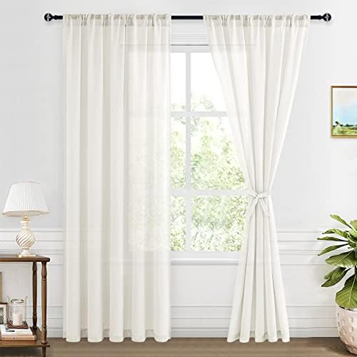 XWZO Sheer Curtains 96 Inches Long for Bedroom, Rod Pocket Semi Transparent Airy Light Filtering Window Curtains for Living Room, Dining Room with Tiebacks, Ivory, W60 x L96, Set of 2 Panels