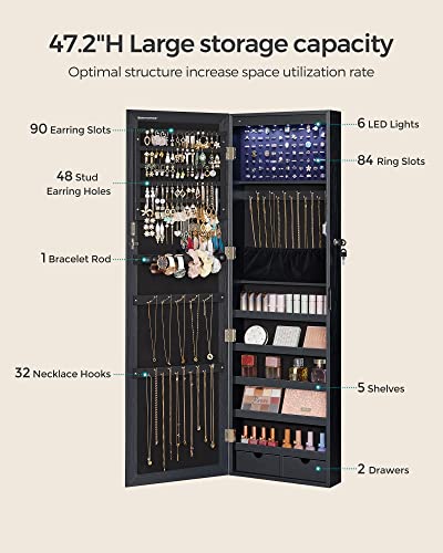 Songmics 6 Leds Mirror Jewelry Cabinet, 47.2" H Lockable Wall/Door Mounted Jewelry Armoire Organizer With Mirror, 2 Drawers, Black Ujjc093B01 #TOP4