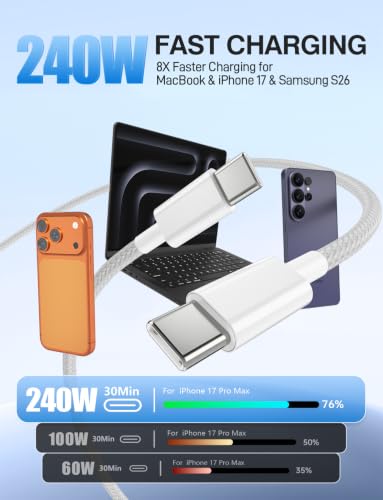 Image of 240W Braided USB C to USB C Cable, 6Ft+10Ft | Fast Charging Type C Cord for MacBook Pro /Air, for iPad Pro /Air, for iPhone 17 /16, for Samsung S26 /S25, Laptops, etc