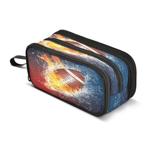 Image of American Football Fire Water Pencil Case 3 Compartment Pen Bag Pouch Holder Box School Portable Stationery Storage Bag for Girls Boys