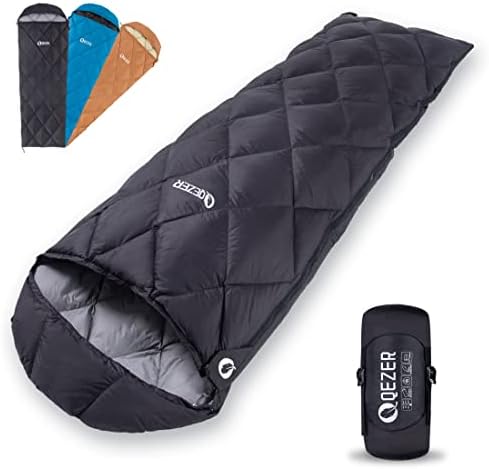 QEZER Down Sleeping Bag for Adults, Teens, 40-60℉ 600 Fill Power Duck Down Ultralight Sleeping Bag Backpacking Sleeping Bag with Compression Sack