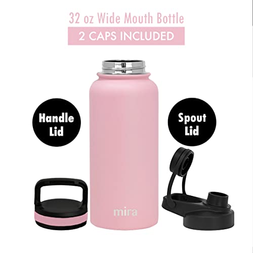 Mira 32 Oz Stainless Steel Insulated Sports Water Bottle - 2 Caps - Hydro Metal Thermos Flask Keeps Cold For 24 Hours, Hot For 12 Hours - Bpa-Free Spout Lid Cap - Taffy Pink #TOP1