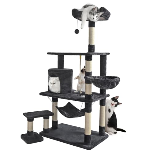 ABCPET 62 Inches Cat Tree,Multi-Level Cat Tree Tower with Cat Condo,Soft Hammock,Sisal Scratching Posts,Dangling Ball and Extended Platform Play House for Indoor Cats,Dark Grey