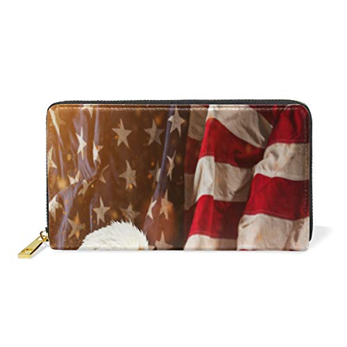 Preisvergleich Produktbild GIGIJY Geldbörse mit amerikanischer Flagge und Adler, mehrere Kreditkartenfächer, Tasche für Frauen, echtes Leder, mit Reißverschluss