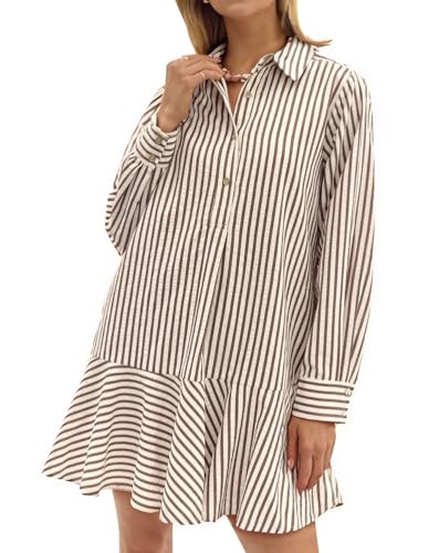 EZAPINE Womens Striped Shirt Mini Dress Long Sleeve Collared Ruffle Hem Button Up Tunic Flowy Swing Dresses Khaki